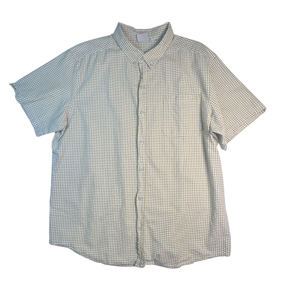 Columbia Mens XL Short Sleeve Button Up Shirt Grid Check Lime Green Grey AM9005